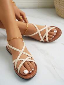 Solid Color Women's Flat Sandals With Woven Details And Cross Straps - Beige - View 5