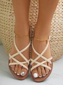 Solid Color Women's Flat Sandals With Woven Details And Cross Straps - Beige - View 6