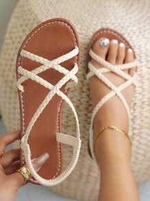 Solid Color Women's Flat Sandals With Woven Details And Cross Straps - Beige - View 1