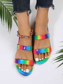 Damen Flache Sandalen bunt doppelten Riemen, Sandalen - Verschiedenfarbig - Übersicht 2