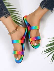 Damen Flache Sandalen bunt doppelten Riemen, Sandalen - Verschiedenfarbig - Übersicht 4