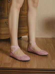 Fashion Outdoor Outdoor Flats Sequ Cross Strap Ballet Flats - Pink - View 4