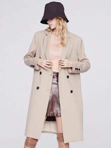 JAZZEVAR Solid Double Breasted Lapel Collar Button Front Coat - Khaki - View 4