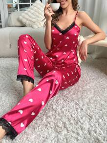 Set PJ din satin cu dantelă cu imprimeu inimă