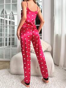 Set PJ din satin cu dantelă cu imprimeu inimă