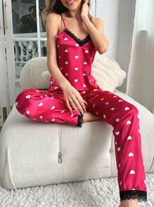Set PJ din satin cu dantelă cu imprimeu inimă