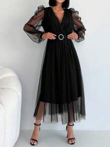 EURMUSE Contrast Mesh Overlap Collar Lantern Sleeve Belted Dress - Black - View 1