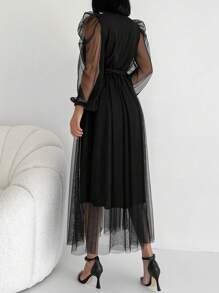 EURMUSE Contrast Mesh Overlap Collar Lantern Sleeve Belted Dress - Black - View 2