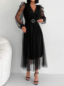 EURMUSE Contrast Mesh Overlap Collar Lantern Sleeve Belted Dress - Black - View 4