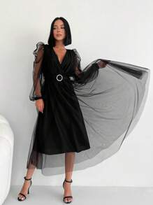 EURMUSE Contrast Mesh Overlap Collar Lantern Sleeve Belted Dress - Black - View 5