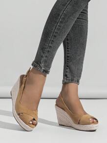 2025年女士时尚纯色草编沙滩旅行多功能坡跟厚底露趾凉鞋 - 卡其色 - 查看 1