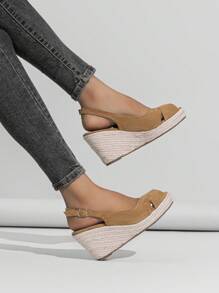 2025年女士时尚纯色草编沙滩旅行多功能坡跟厚底露趾凉鞋 - 卡其色 - 查看 3