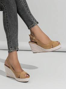 2025年女士时尚纯色草编沙滩旅行多功能坡跟厚底露趾凉鞋 - 卡其色 - 查看 4