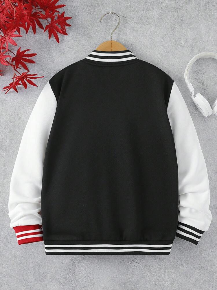 Tween Girl Slogan Graphic Two Tone Striped Trim Varsity Jacket