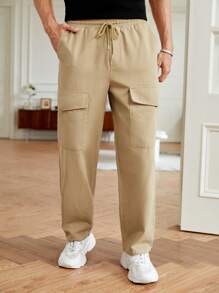 GENTILAND 男士翻蓋口袋腰部抽繩工裝褲 - 卡其色 - 查看 3