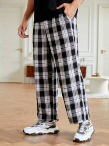 Manfinity Hypemode Men Plaid Print Drawstring Waist Pants - Black and White - View 3