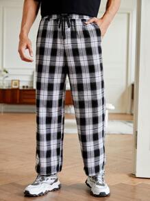 Manfinity Hypemode Men Plaid Print Drawstring Waist Pants - Black and White - View 6