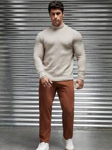 GENTILAND Men Mock Neck Ribbed Knit Tee - Khaki - View 3