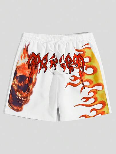 Street Life Guys Skull & Letter Graphic Drawstring Waist Shorts