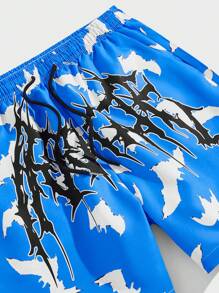 ROMWE MEN Street Life Pantalones cortos con estampado de murciélago y cintura con cordón para hombres, escuela