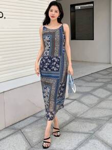 DAZY Scarf Print Cami Dress - Blue - View 1