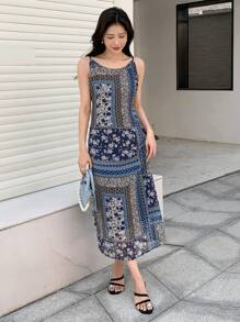 DAZY Scarf Print Cami Dress - Blue - View 3