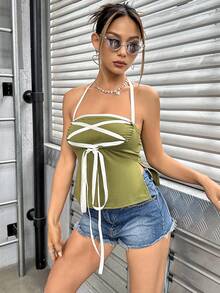 SHEIN Unity Lace lên phía trước Áo hai dây - xanh quân đội - Xem 3