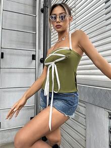 SHEIN Unity Lace lên phía trước Áo hai dây - xanh quân đội - Xem 4