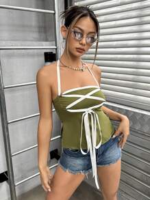 SHEIN Unity Lace lên phía trước Áo hai dây - xanh quân đội - Xem 5