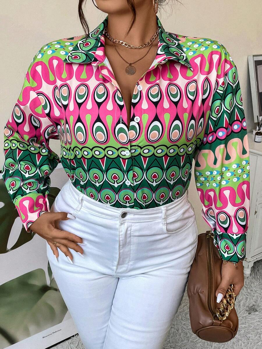 SHEIN Unity 大碼滿版印花落肩袖襯衫 - 彩色 - 查看 1