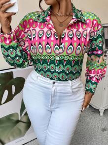 SHEIN Unity 大碼滿版印花落肩袖襯衫 - 彩色 - 查看 4