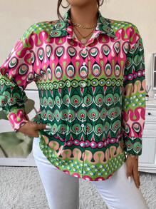 SHEIN Unity 大碼滿版印花落肩袖襯衫 - 彩色 - 查看 5