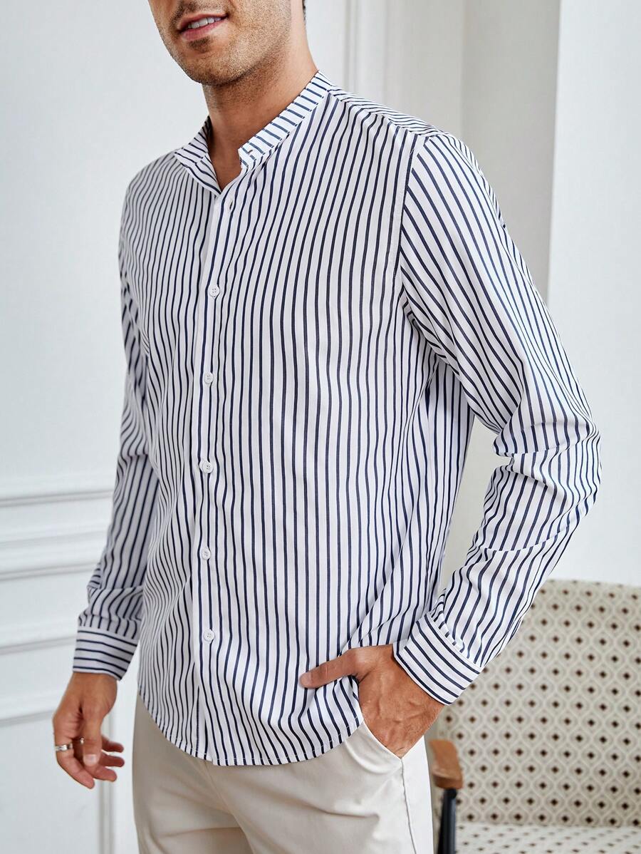 Manfinity VCAY 男士條紋印花襯衫 - 藍白色 - 查看 1