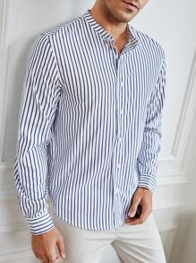 Manfinity VCAY 男士條紋印花襯衫 - 藍白色 - 查看 3