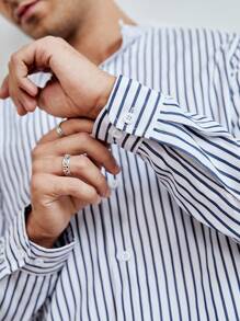 Manfinity VCAY 男士條紋印花襯衫 - 藍白色 - 查看 4