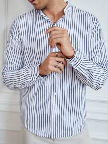 Manfinity VCAY 男士條紋印花襯衫 - 藍白色 - 查看 5