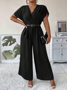 Celure Plus Surplice Neck Batwing Sleeve Wide Leg Jumpsuit Without Belt