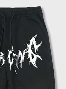 ROMWE MEN Goth Men Letter Graphic Drawstring Waist Sweatpants, School - Black - View 3