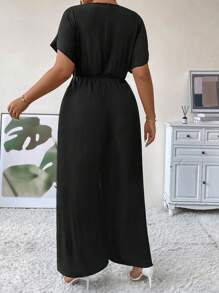 Celure Plus Surplice Neck Batwing Sleeve Wide Leg Jumpsuit Without Belt