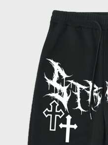 ROMWE MEN Goth Men Letter Graphic Drawstring Waist Sweatpants, School - Black - View 4