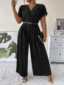 Celure Plus Surplice Neck Batwing Sleeve Wide Leg Jumpsuit Without Belt