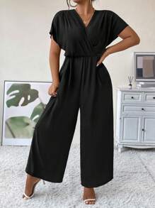 Celure Plus Surplice Neck Batwing Sleeve Wide Leg Jumpsuit Without Belt
