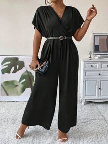 Celure Plus Surplice Neck Batwing Sleeve Wide Leg Jumpsuit Without Belt
