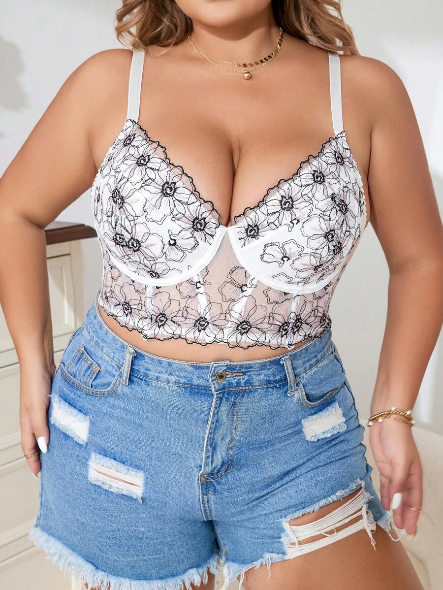 大碼花卉刺繡網紗鋼圈胸罩 - 黑與白 - 查看 1