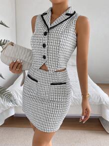 SHEIN Privé 格紋印花馬甲西裝外套&半身裙