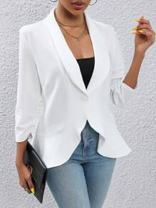 Chiquease 青果領抽褶袖荷葉邊西裝外套 - 白色 - 查看 1