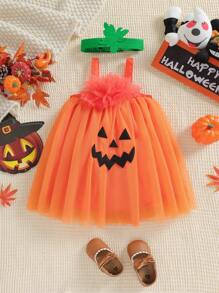 SHEIN Glamorique Kids 女嬰萬聖節橙色網眼南瓜形派對禮服 - 橘色 - 查看 3