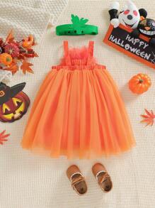 SHEIN Glamorique Kids 女嬰萬聖節橙色網眼南瓜形派對禮服 - 橘色 - 查看 4