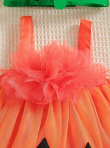 SHEIN Glamorique Kids 女嬰萬聖節橙色網眼南瓜形派對禮服 - 橘色 - 查看 6
