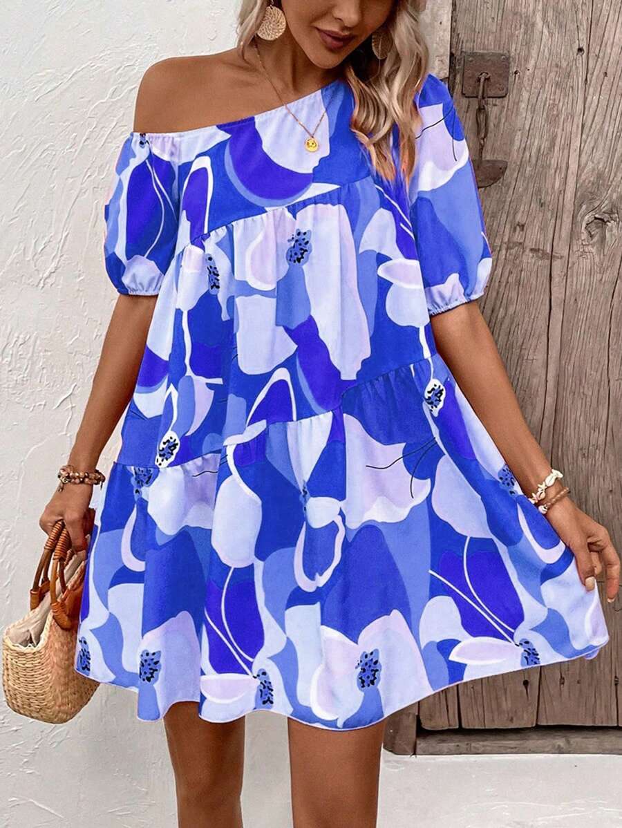 Breezaya Vestido smock con estampado floral de cuello asimétrico bajo con fruncido - Azul - Ver 1